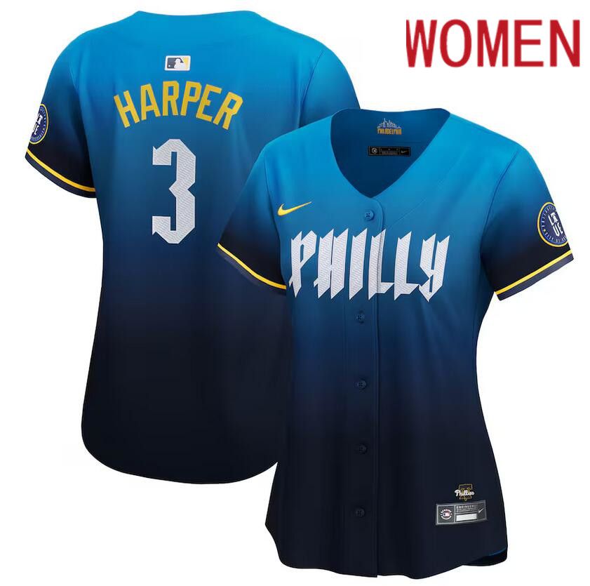 Women Philadelphia Phillies 3 Bryce Harper Nike Blue 2024 City Connect Limited Player Jersey